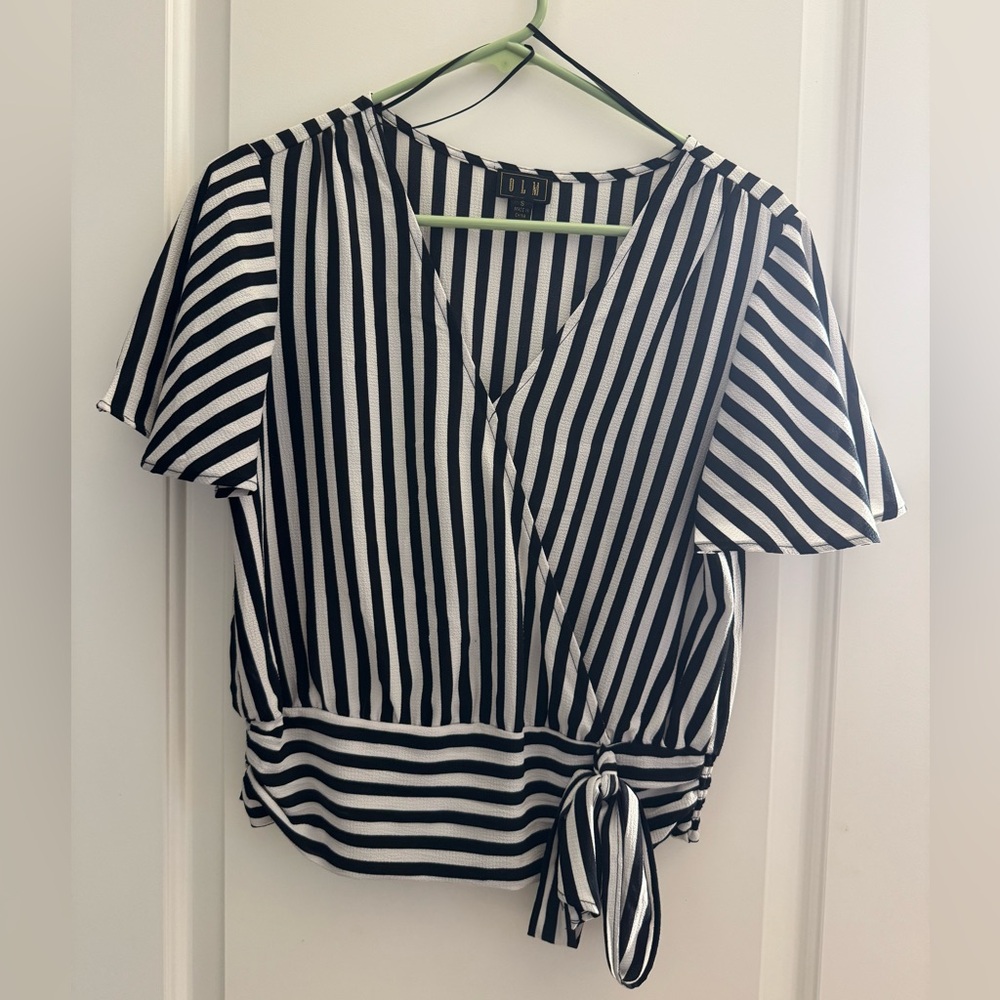 Black & White Striped Wrap-Style Blouse